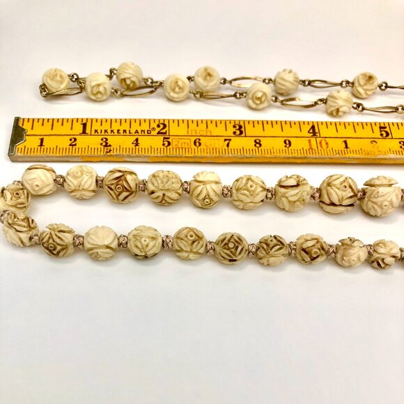 Vintage Bone Rose Boho Necklace Set (2) โ Hand-Carved Cabbage Roses, Silk Strand - Picture 4 of 11